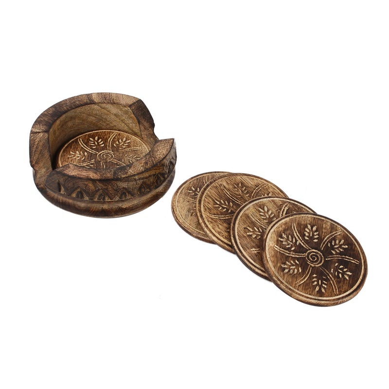 GoCraft Wooden Coasters Set of 6 | Handmade Drink Coasters with Lotus Shaped Holder in Rustic Wood Design Carving - Image 4